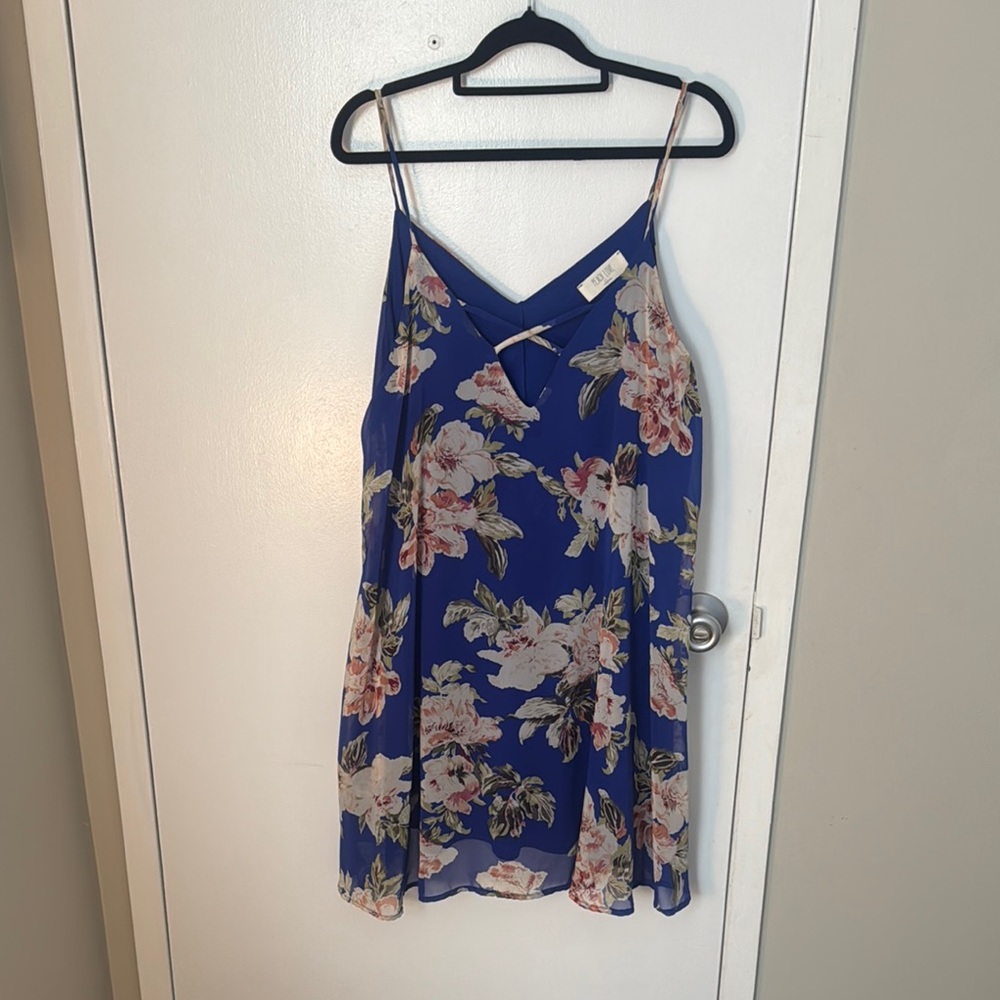 Blue sleeveless tropical mini dress